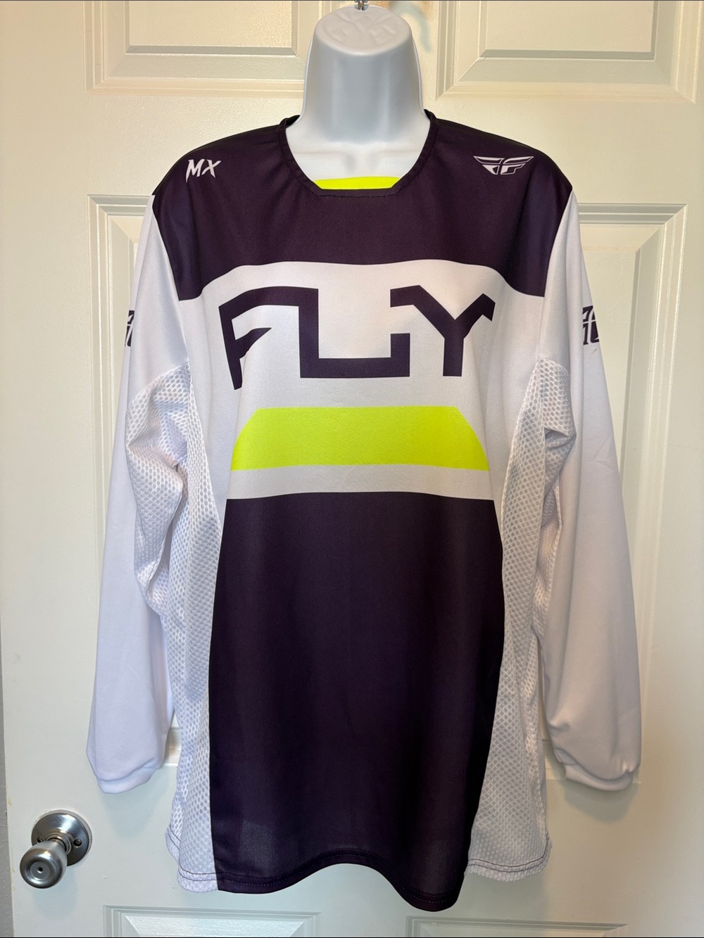 FLY Racing Kinetic Men’s Long Sleeve Jersey White, Dark Purple Neon Yellow Sz Sm